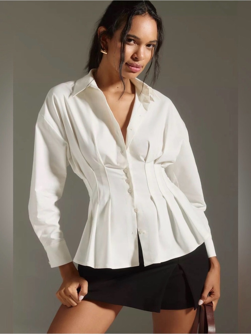 Anthropologie Exquisite Cream Button-Front Peplum Shirt